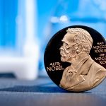 Alfred Nobel Prize concept, Gold award with Nobel image. Physics, Chemistry, Literature, Peace Prize, Biology