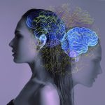 Cognitive functions of the brain in a woman, confused thoughts from stress and problems, depression, mental health, double exposure