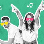 Wow emotions and music. Stylish couple dancing on bright background.