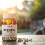 Amber bottle of magnesium dietary supplement capsules with 500 mg dosage on wooden table.