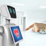 Robotic advisor service technology in healthcare smart hospital , artificial intelligence concept. Doctor finger point to 3d rendering robot.