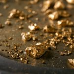 Gold nuggets on metal plate, closeup.