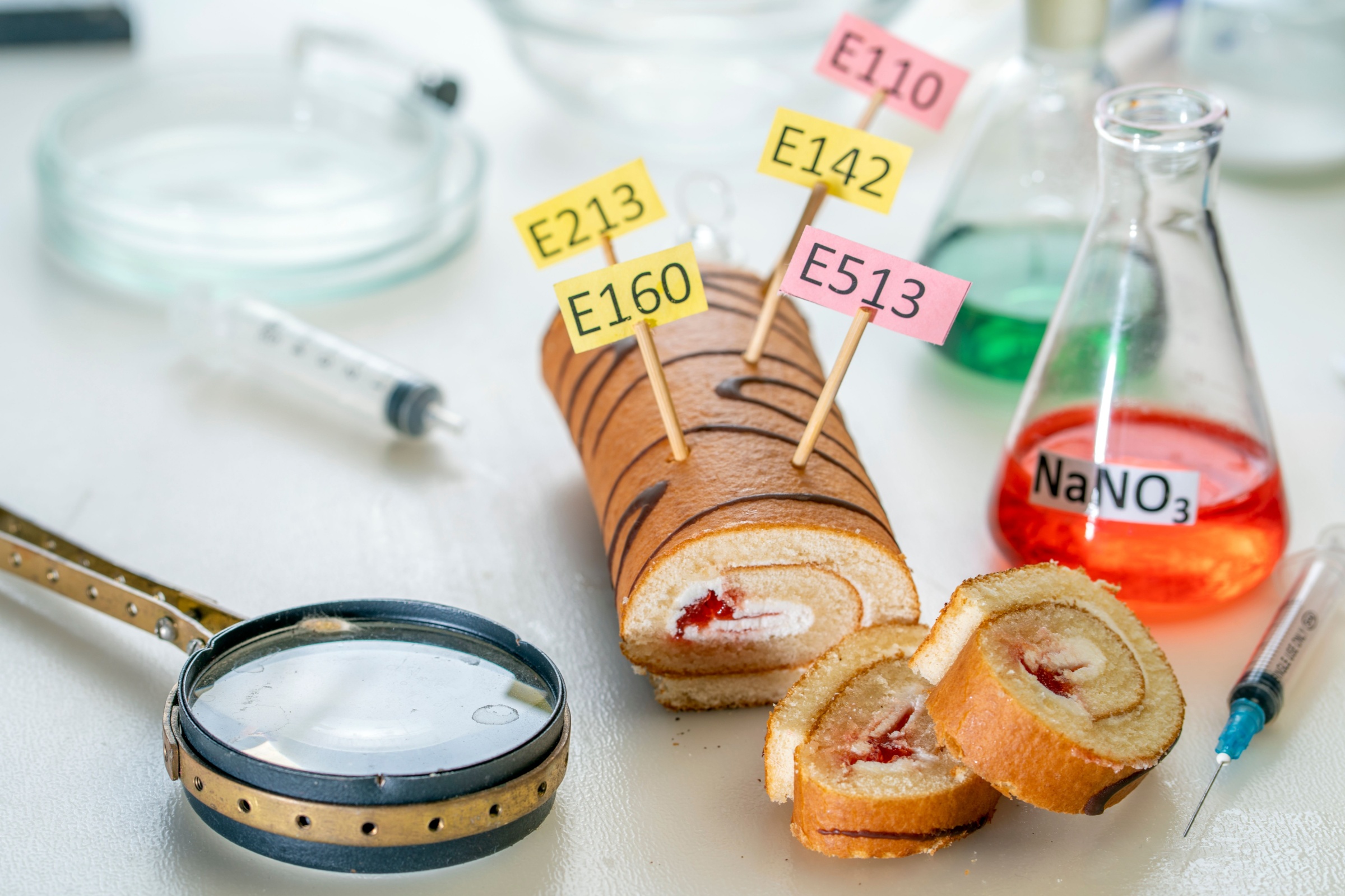 Food additives: sweet roll with chemical additives with colored labels, on a laboratory table. Close up