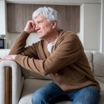 Aging senior man sits alone in empty living room staring vacantly, struggling with memory loss. Alzheimer confusion, chronic loneliness, cognitive decline, abandoned elder, neurological deterioration