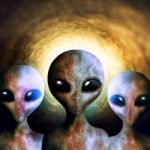 Alien, extraterrestrial or earth invasion from outer space, futuristic fantasy or scifi on a background. Portrait, creature or monster from a galaxy, universe or surreal cosmos at night in the dark